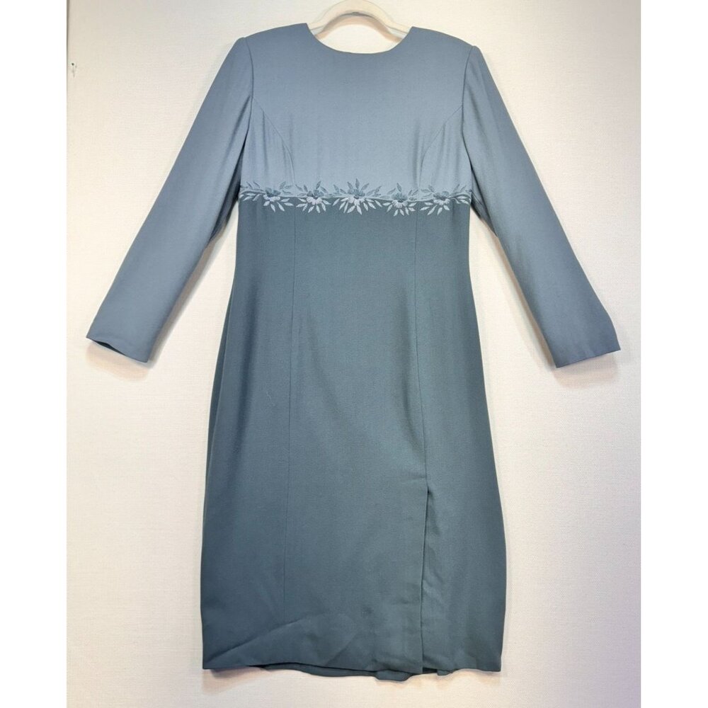 Kasper A.S.L. Women's Long Sleeve Dress Size 12 Blue Floral Embroidery